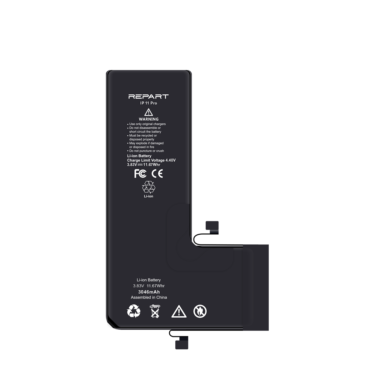 iPhone 11 Pro Akku mit „REPART“-Logo auf weißem Hintergrund