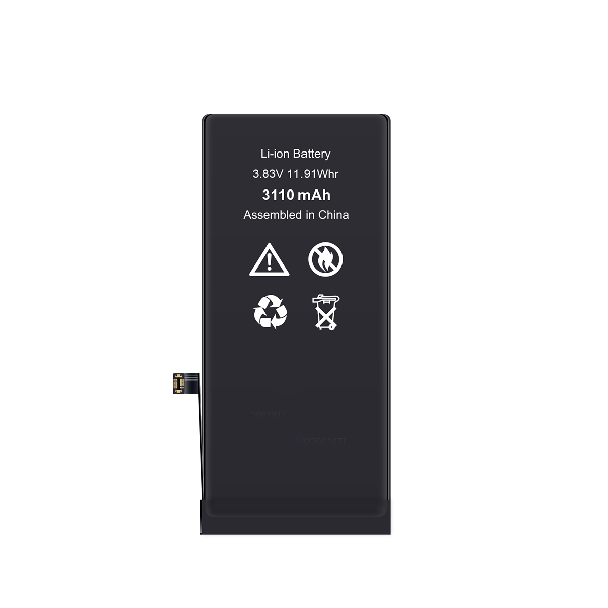 Black lithium-ion battery with specifications on a white background