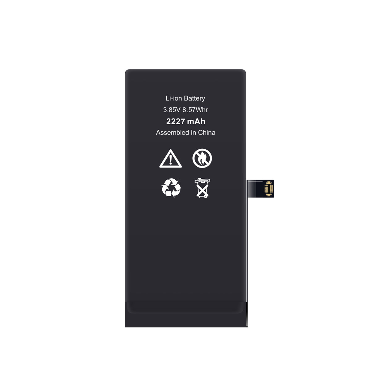 Batteria agli ioni di litio per iPhone 12 mini con specifiche tecniche su sfondo bianco.