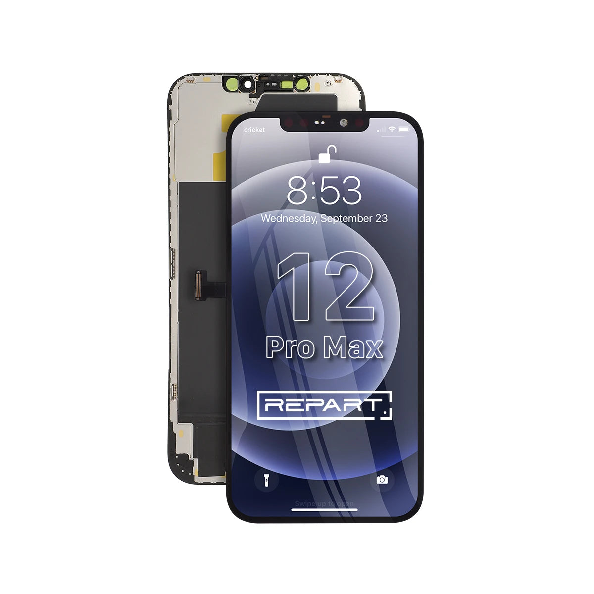 Smartphone mit Bildschirm und Frontplatte auf weißem Hintergrund, mit dem Schriftzug „REPART“.
