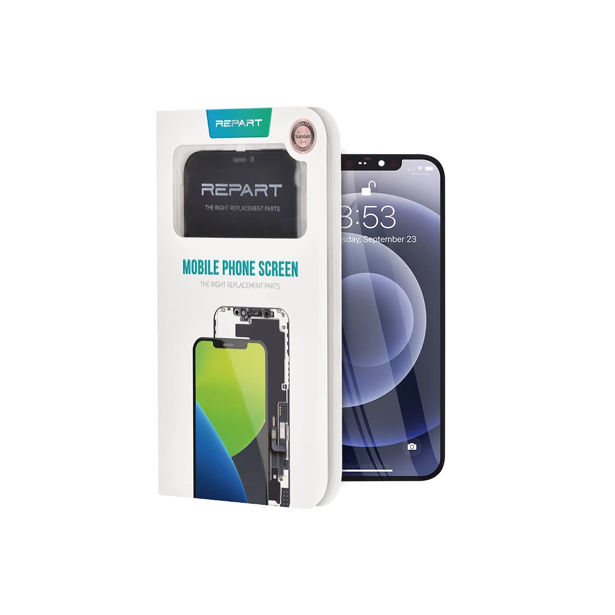 Verpackte Displayschutzfolie für Smartphones mit REPART-Logo auf weißem Hintergrund