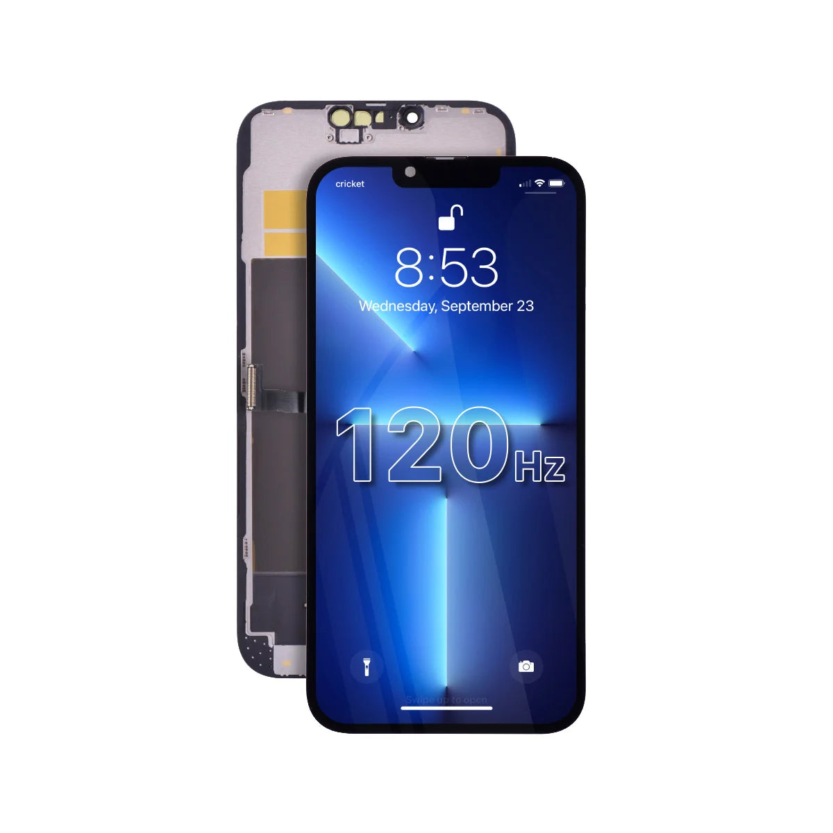 Pantalla Incell del iPhone 13 Pro Max que muestra '120 Hz' sobre un fondo blanco.