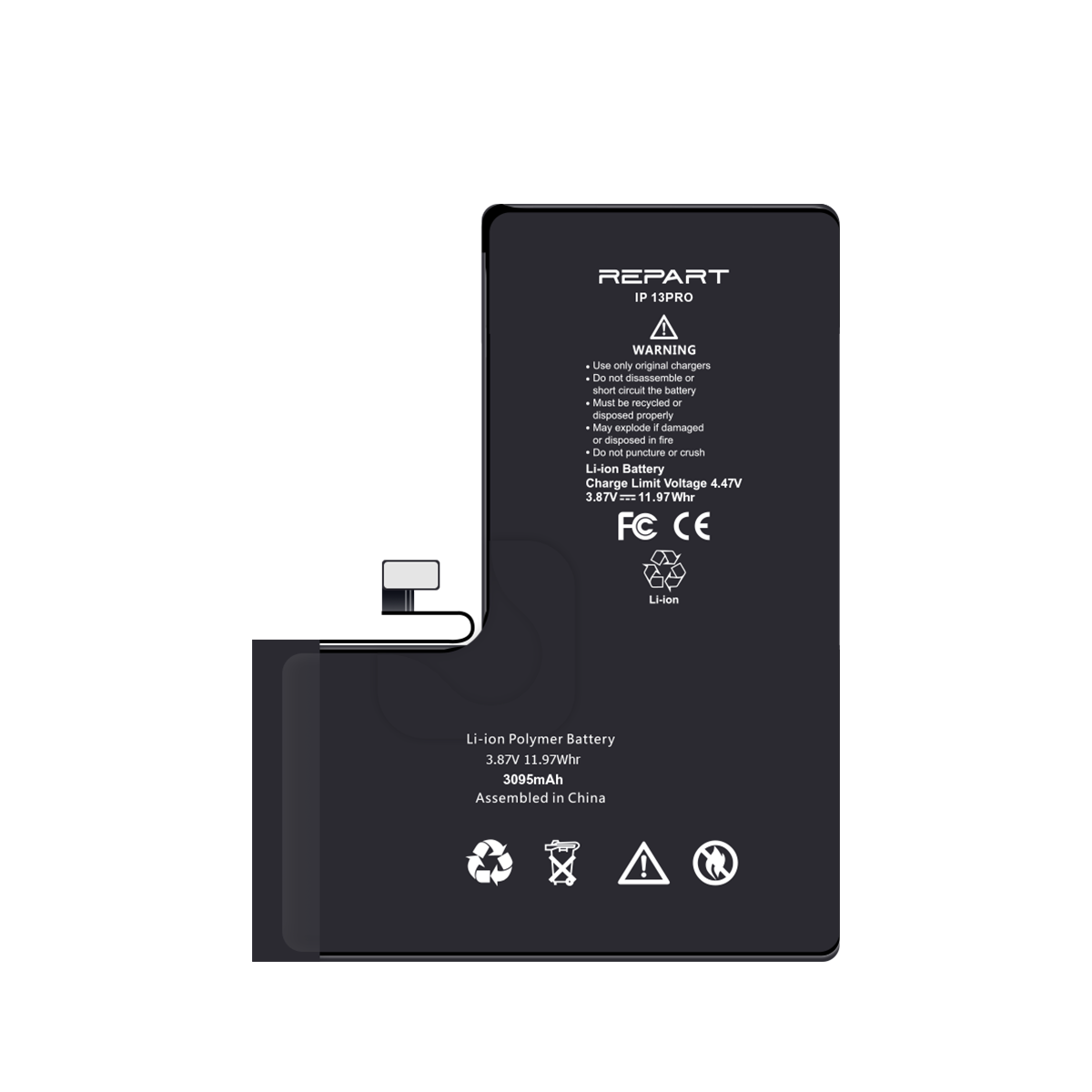 iphone 13 pro battery with REPART branding and specifications on a white background