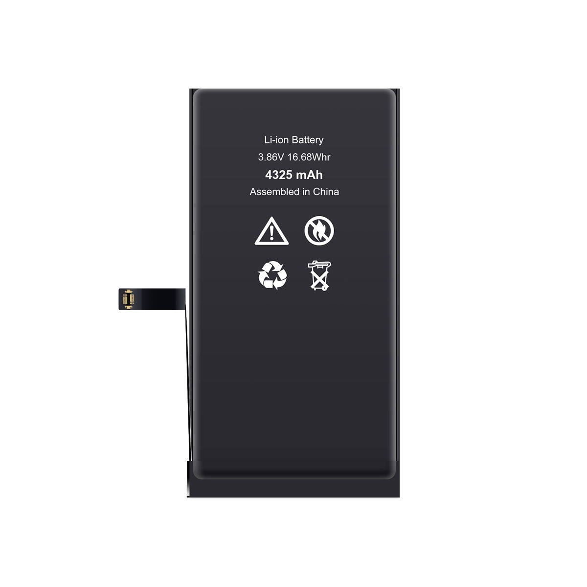 Black lithium-ion battery with warning symbols on a white background