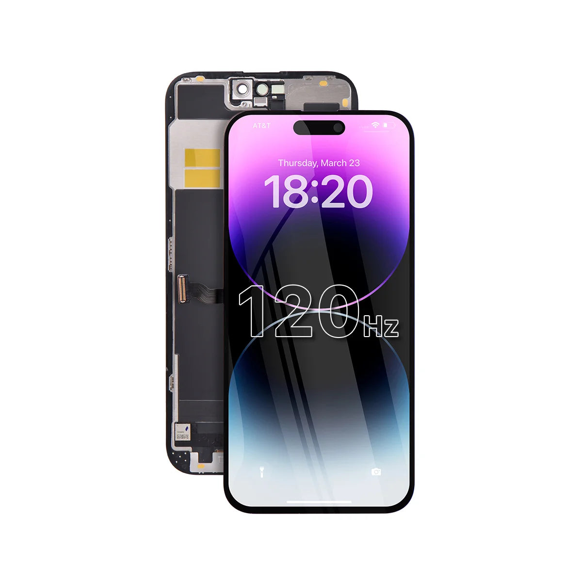 Sostituzione dello schermo incell per iPhone 14 Pro Max con frequenza di aggiornamento a 120Hz su sfondo bianco