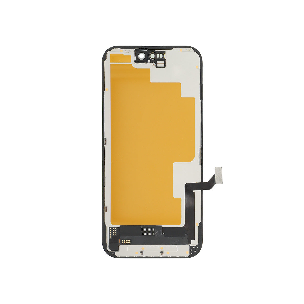 Phone screen assembly with yellow touch panel on a white background