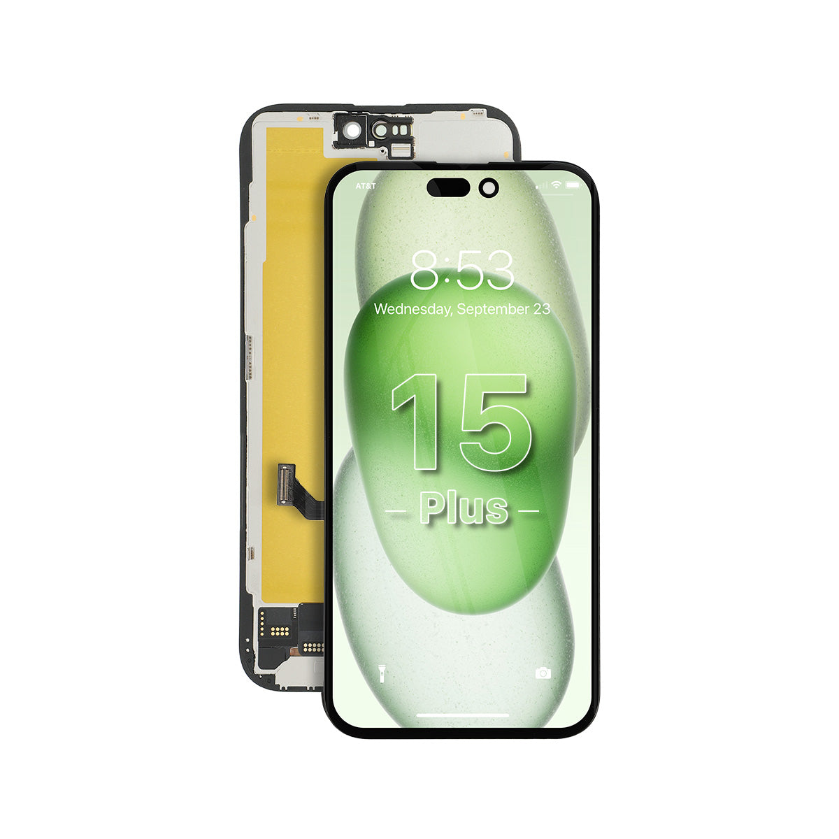 Smartphone with a green screen displaying '15 Plus' on a white background