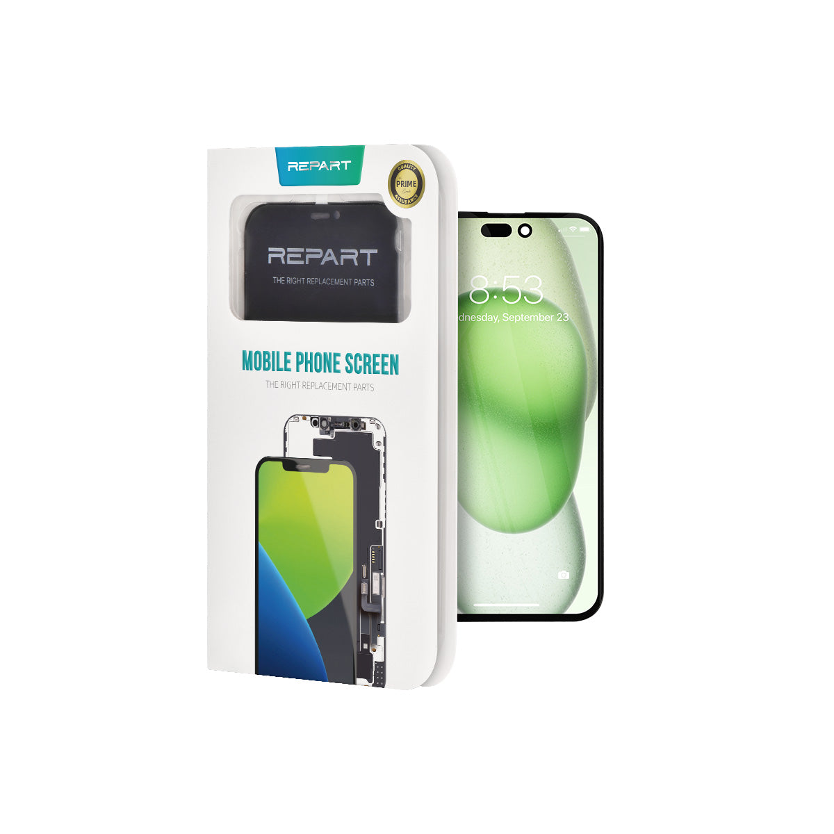 Packaged screen protector for a smartphone with 'REPART' branding on a white background