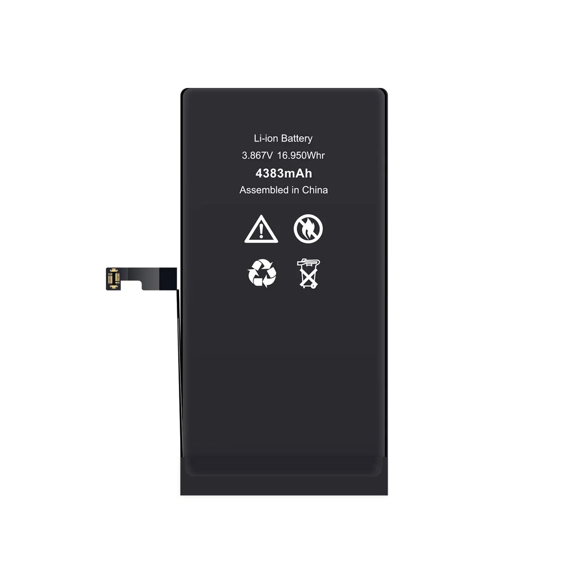 Black lithium-ion battery with safety symbols on a white background