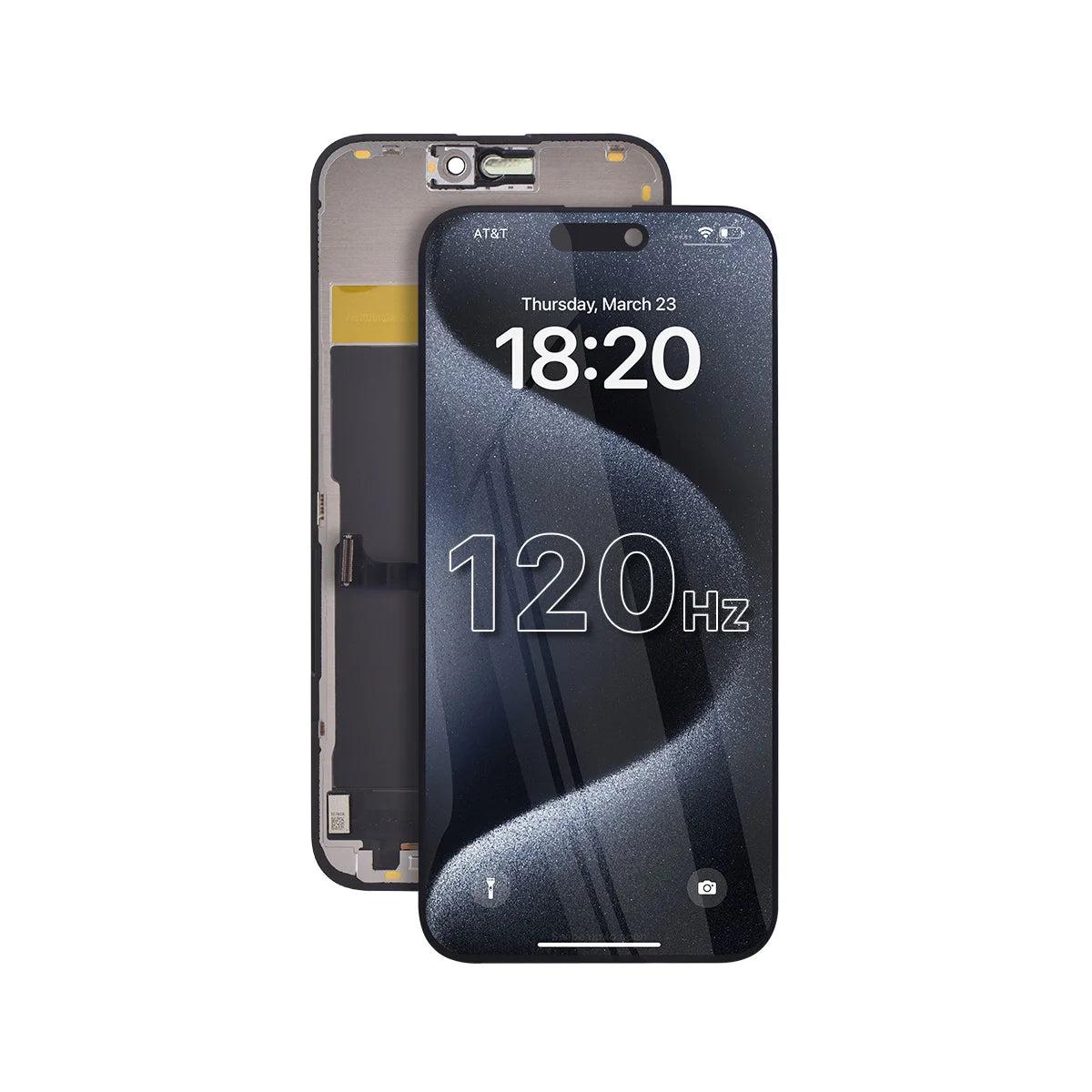 iphone 15 pro max incell screen with showing time and '120Hz' on a white background