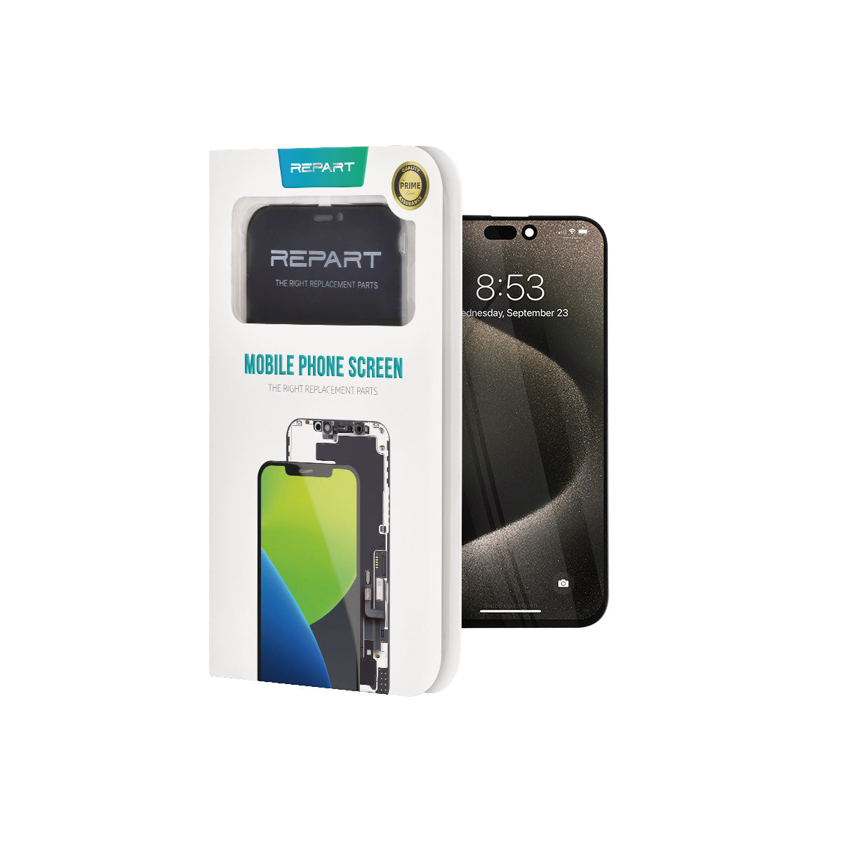 Película protetora de tela para smartphone embalada individualmente, com a marca Repart sobre fundo branco.