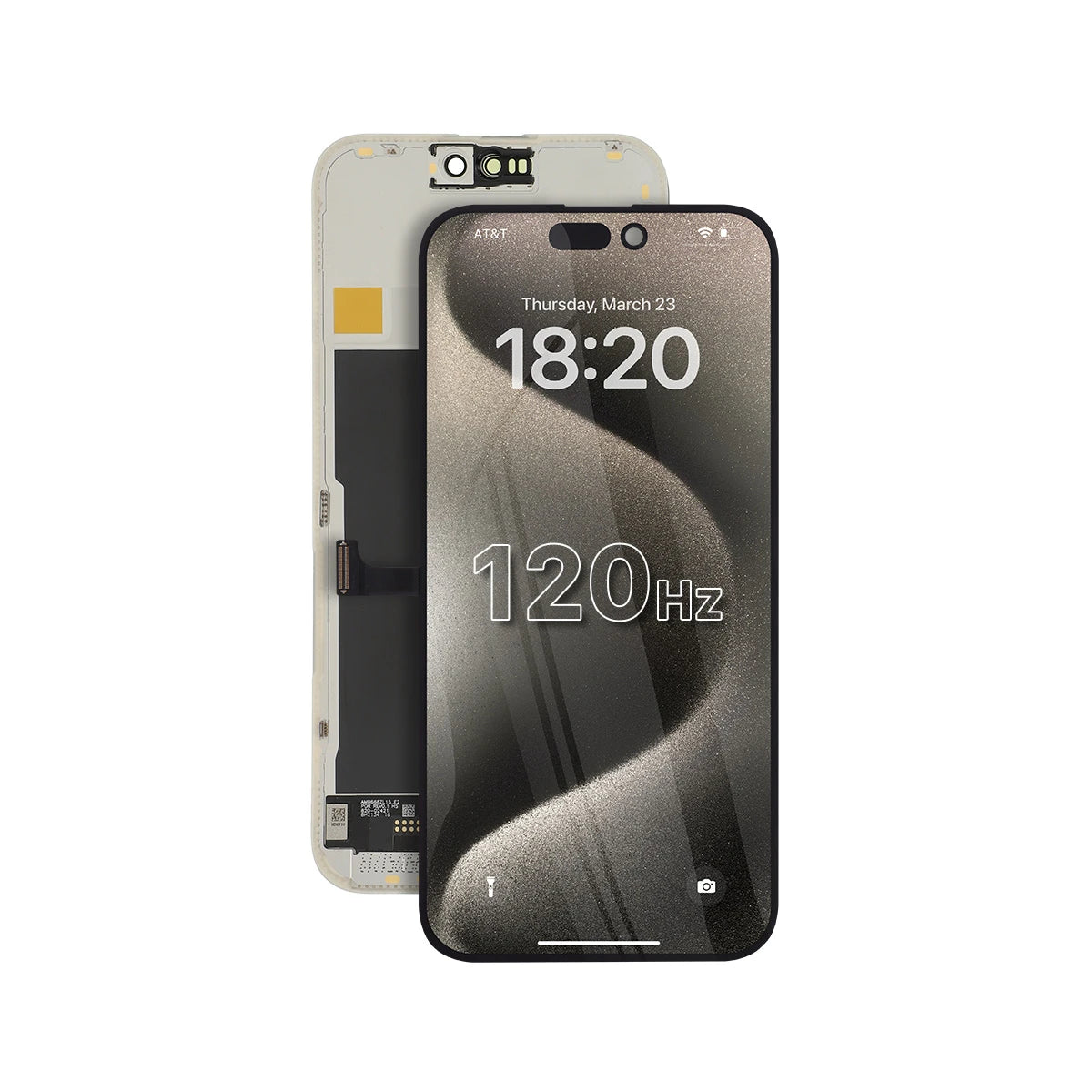 iPhone 15 Pro Max OLED-Bildschirmtausch mit 120 Hz Bildwiederholfrequenz auf weißem Hintergrund