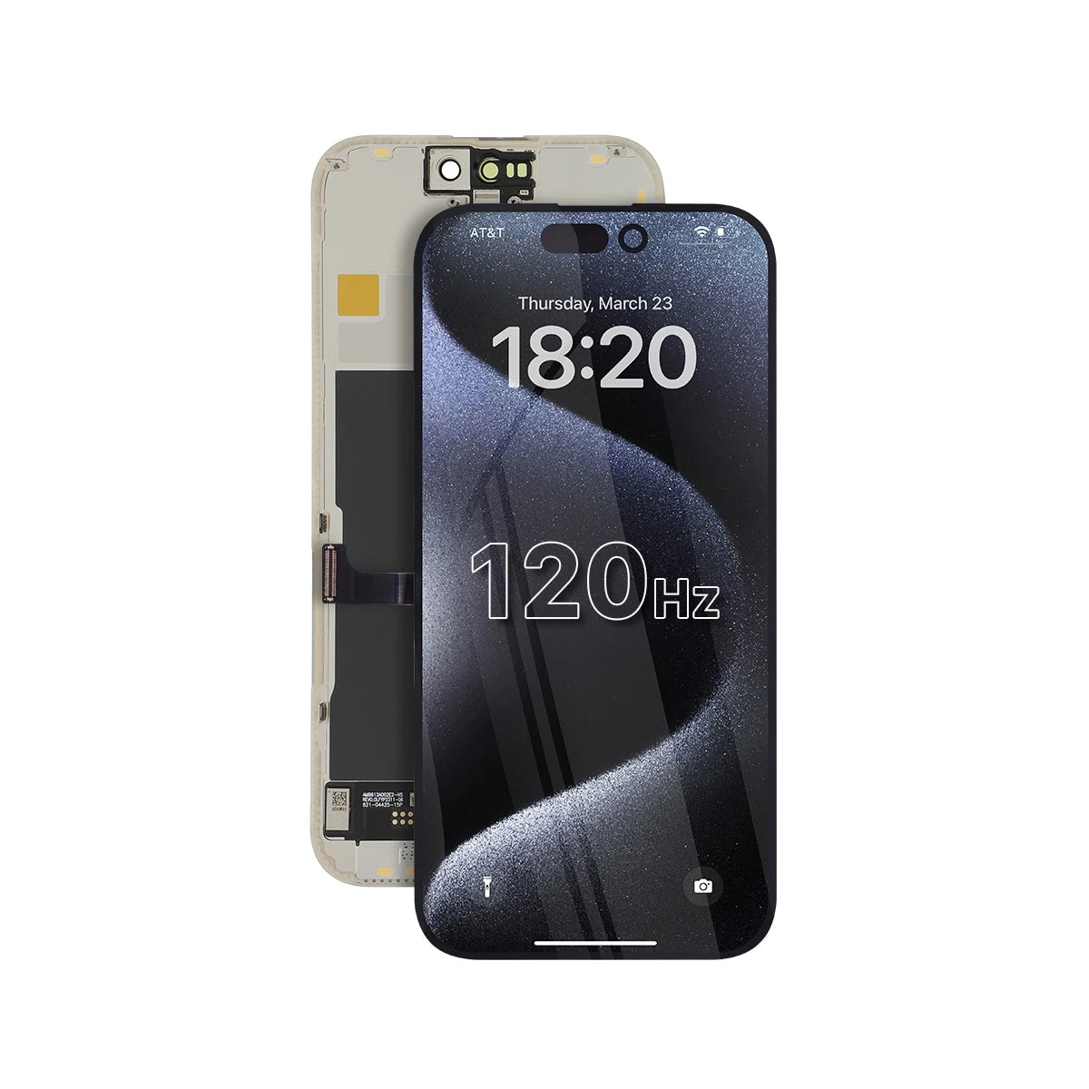 Sostituzione dello schermo dell'iPhone 15 Pro con frequenza di aggiornamento a 120Hz su sfondo bianco