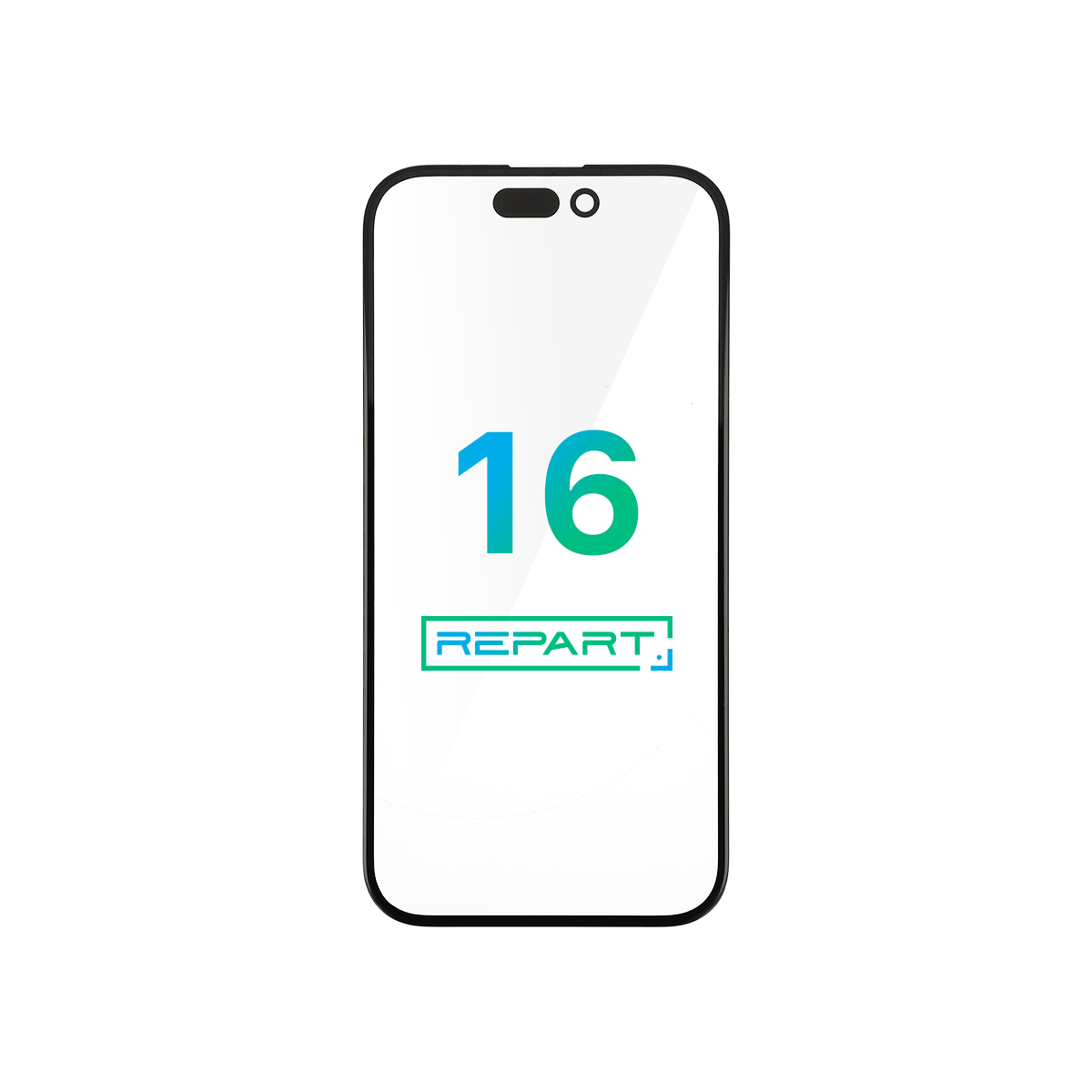 iPhone-glasvervanging met de labels '16' en 'REPART' op een witte achtergrond.