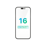 iPhone-glasvervanging met de labels '16' en 'REPART' op een witte achtergrond.