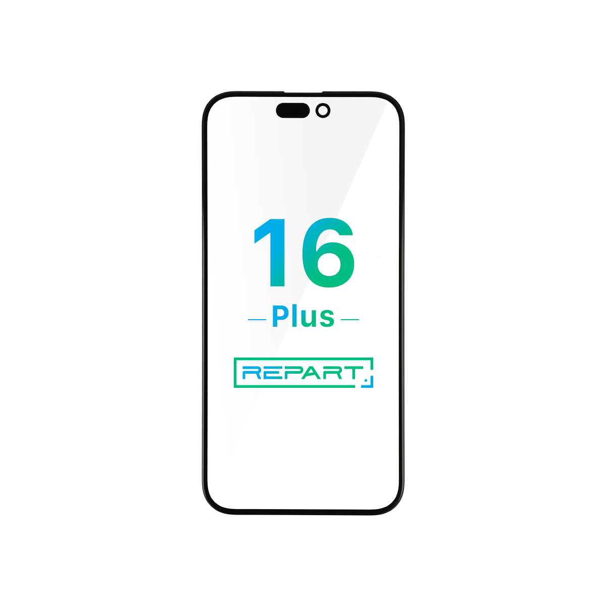 Vervangend glas voor de iPhone 16 Plus met de opschriften '16 Plus' en 'REPART' op een witte achtergrond.