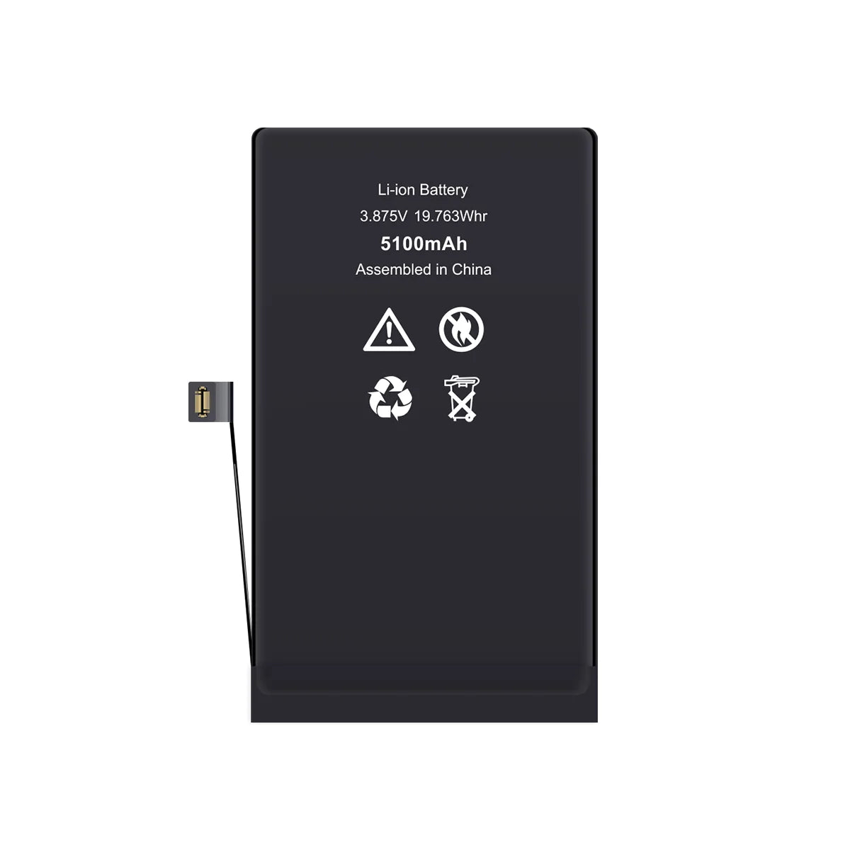 A black rectangular lithium-ion replacement battery with a small connector on the left side, featuring white printed specifications and recycling symbols on a plain white background.