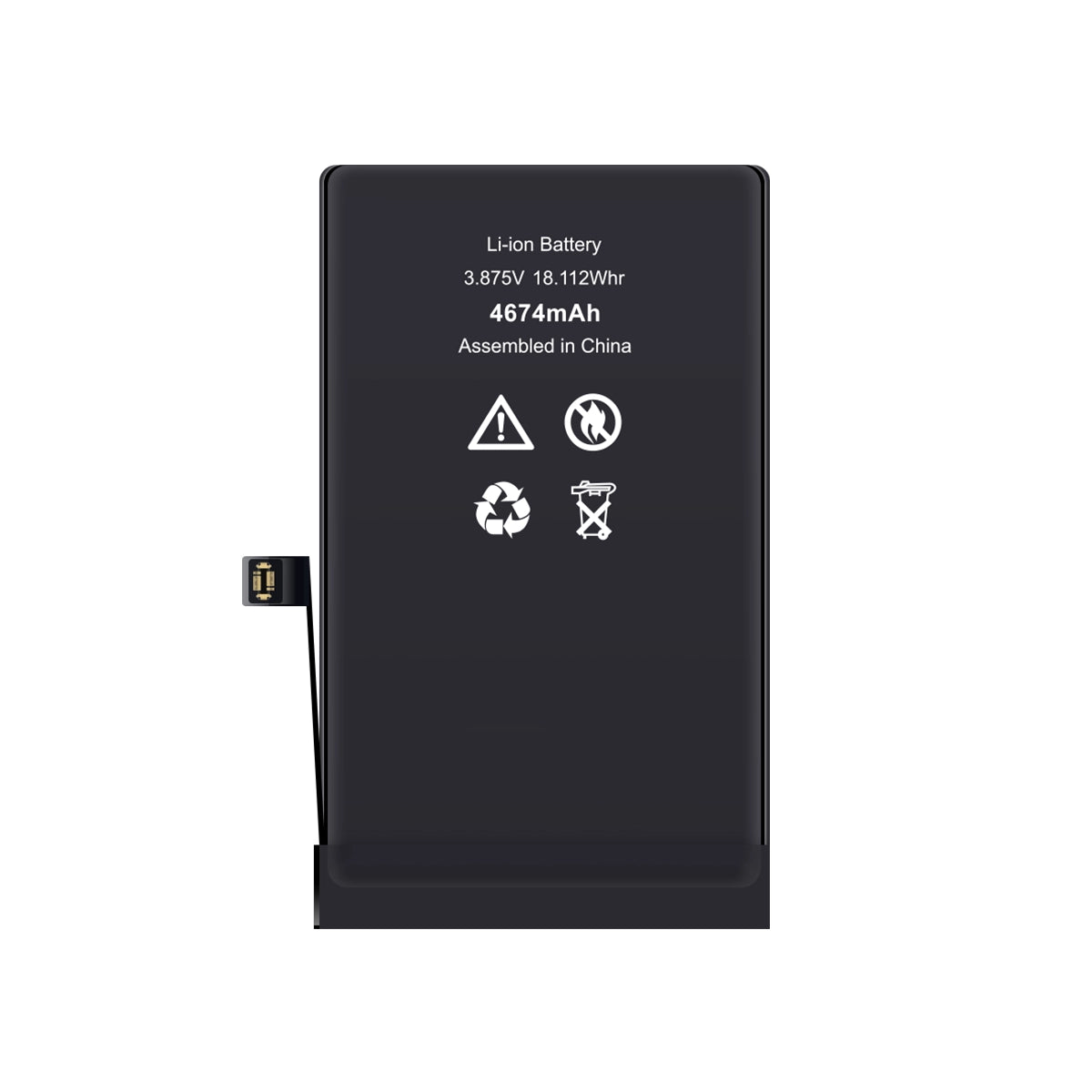 Zwarte lithium-ionbatterij met specificaties op een witte achtergrond.