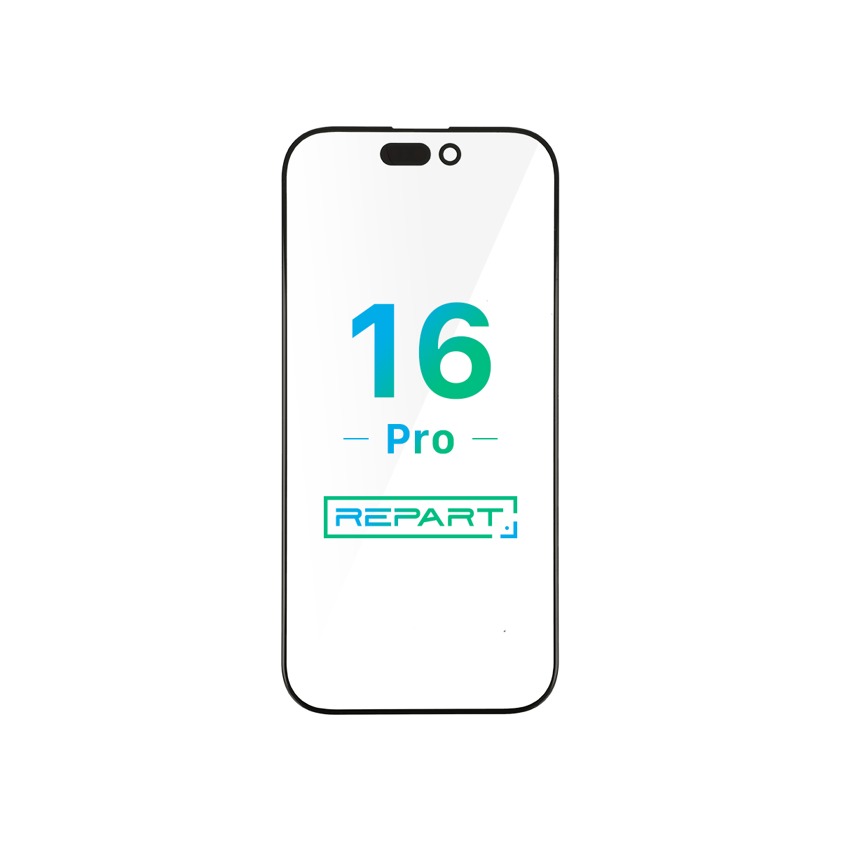 Ersatzglas für iPhone 16 Pro mit den Aufschriften „16 Pro“ und „REPART“ auf weißem Hintergrund
