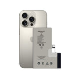 A replacement iPhone 16 Pro battery by REPART, shown in front of a silver iPhone 16 Pro to demonstrate fit and orientation. The battery is gray with black text and a black connector tab on the right side.