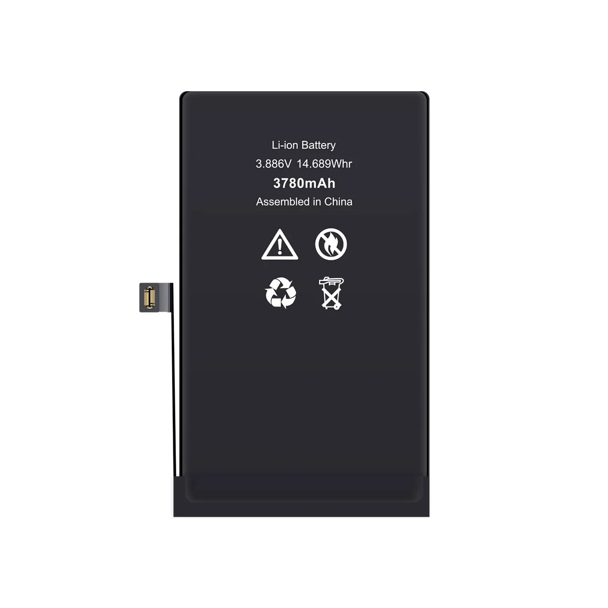 A black rectangular lithium-ion replacement battery with white printed specifications and recycling symbols, featuring a small gold connector on the left side, shown against a plain white background.