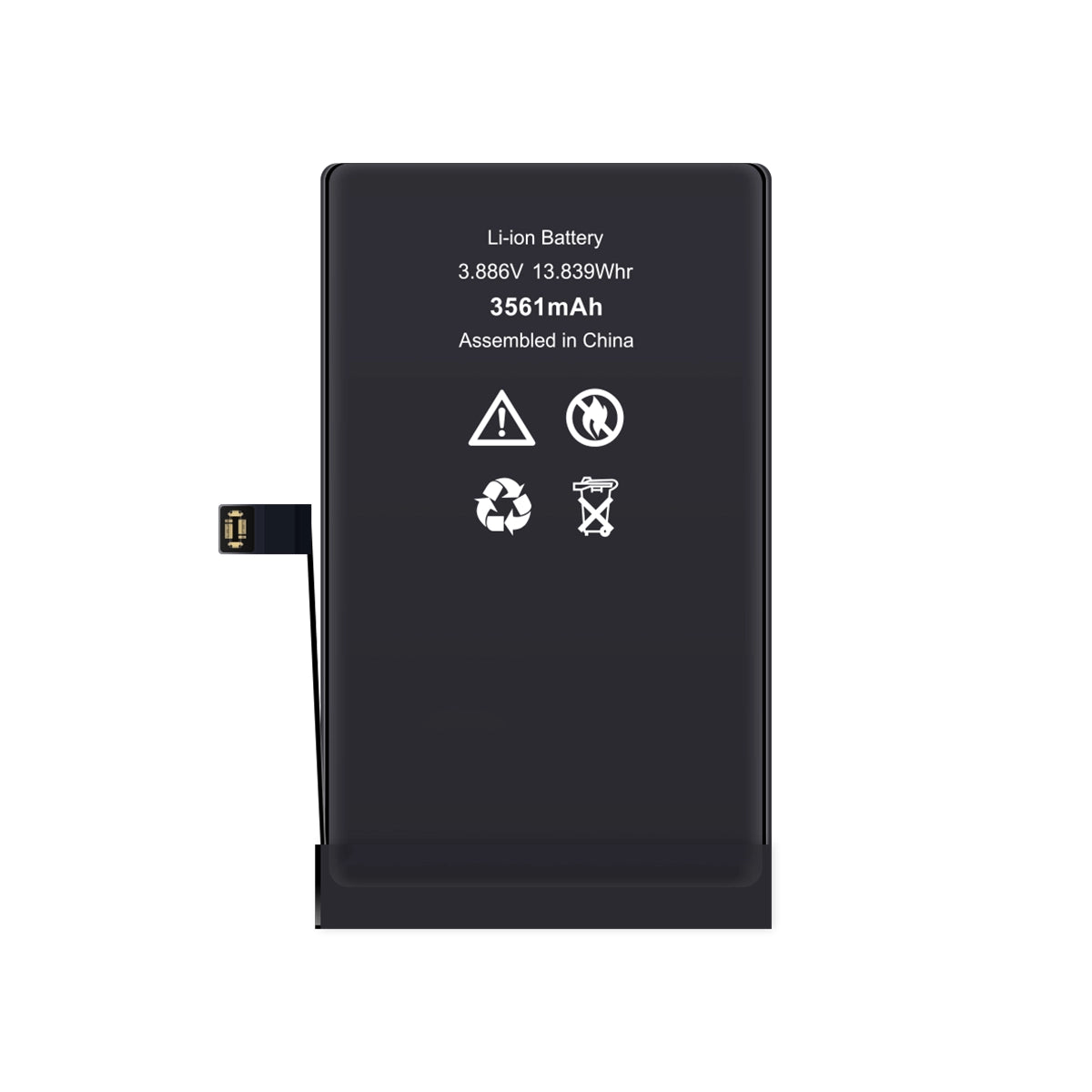 Zwarte lithium-ionbatterij met specificaties op een witte achtergrond.