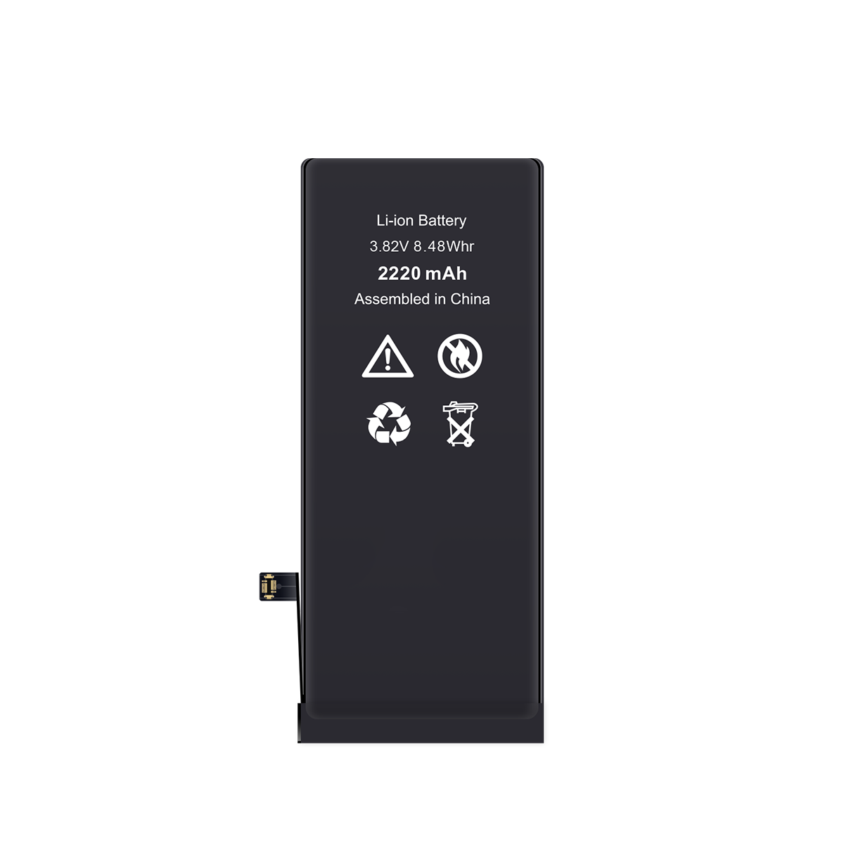 Schwarze Batterie mit Spezifikationen und Symbolen auf weißem Hintergrund