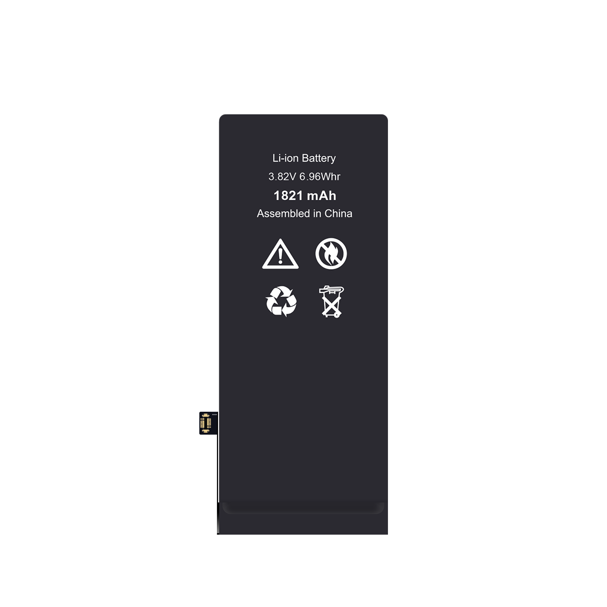 Schwarze Batterie mit Text und Symbolen auf weißem Hintergrund