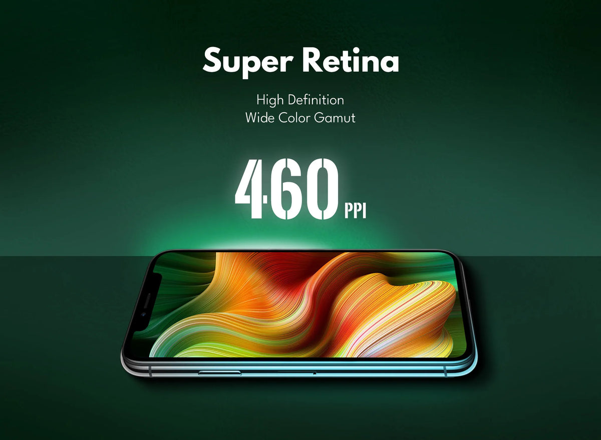 Smartphone met kleurrijk scherm op een donkergroene achtergrond, met de tekst 'Super Retina'.