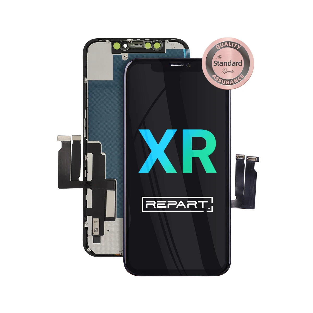 Conjunto de pantalla de teléfono con la marca 'XR' y el logotipo 'REPART' sobre un fondo blanco.