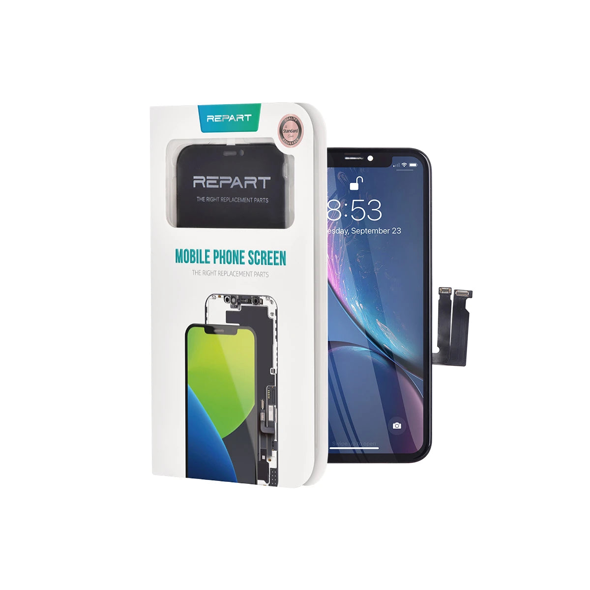 Kit de reemplazo de pantalla de teléfono REPART con pantalla de smartphone sobre fondo blanco
