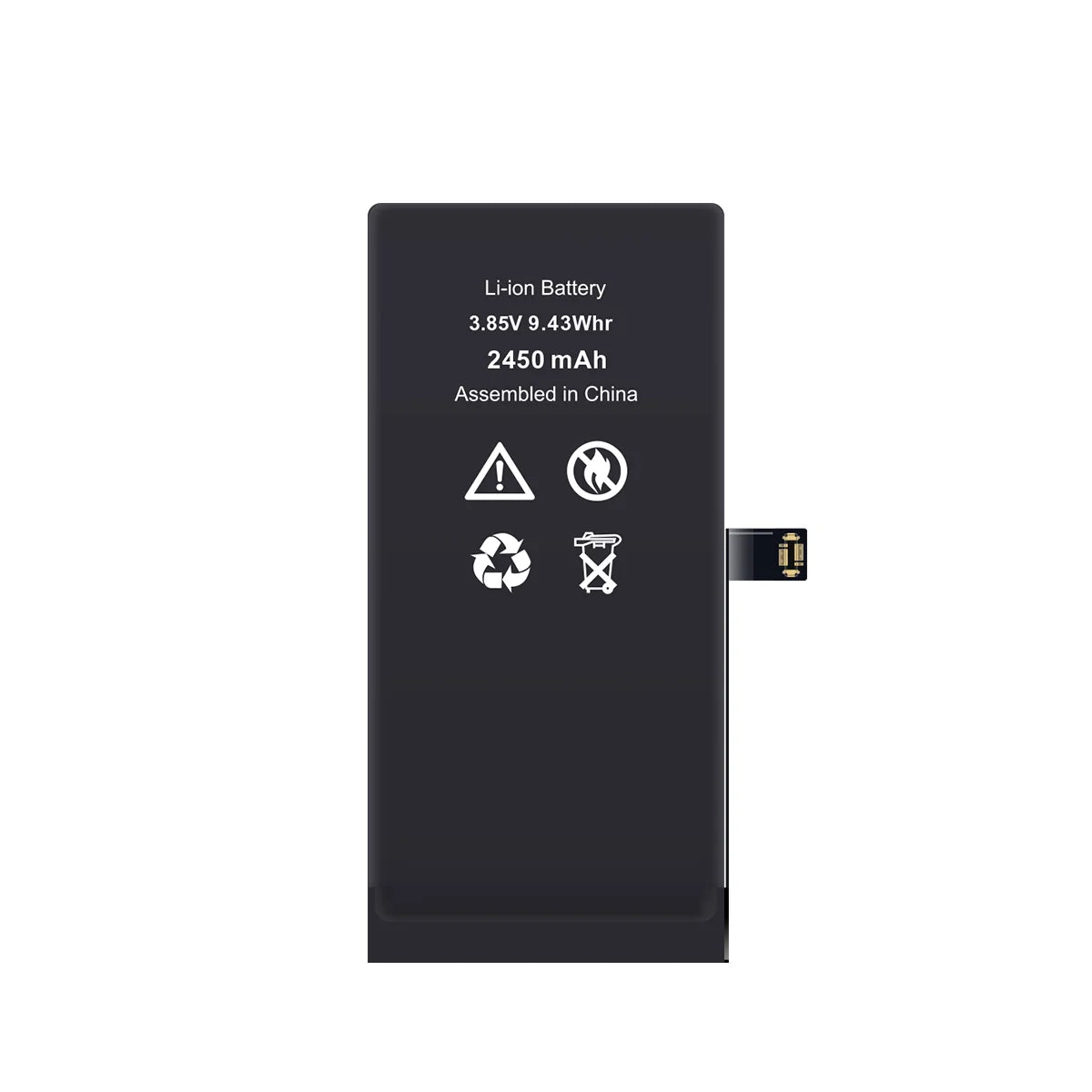 Schwarzer Lithium-Ionen-Akku mit technischen Daten auf weißem Hintergrund