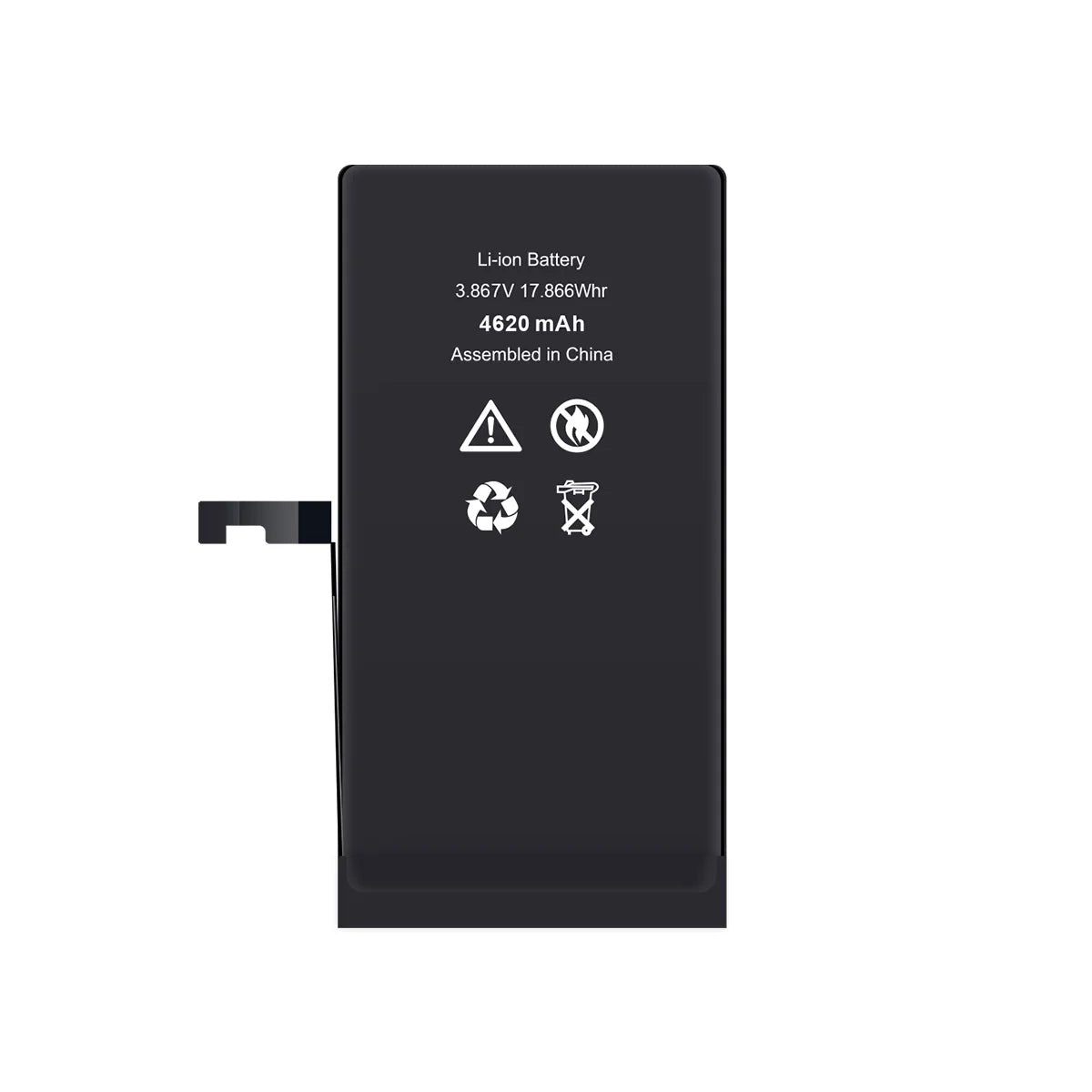 Schwarze Lithium-Ionen-Ersatzbatterie mit technischen Daten auf weißem Hintergrund