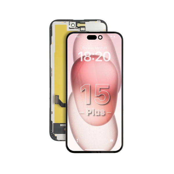 Phone screen assembly with display and front camera on a white background