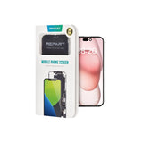 Verpackte Displayschutzfolie für ein Smartphone mit Repart-Logo auf weißem Hintergrund