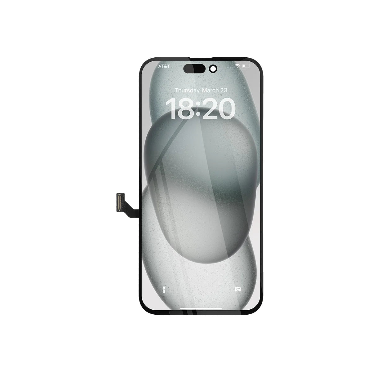 Ersatzdisplay für iPhone 15 Plus auf weißem Hintergrund