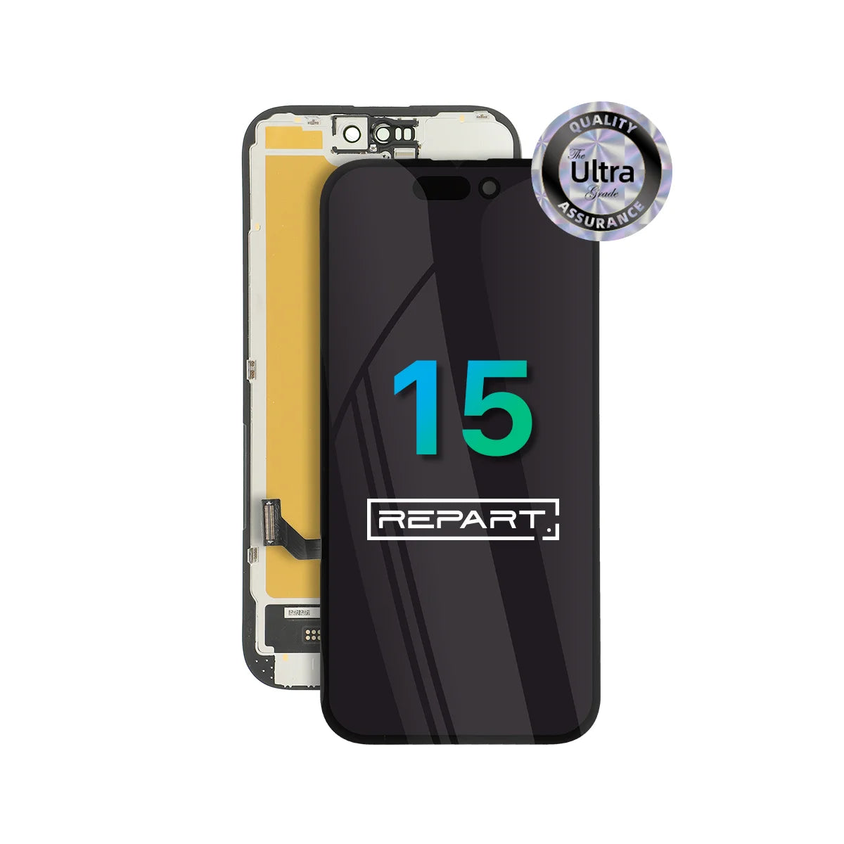 Assemblaggio schermo OLED ultra morbido per iPhone 15 con marchio "REPART" e badge "Ultra Quality" su sfondo bianco.