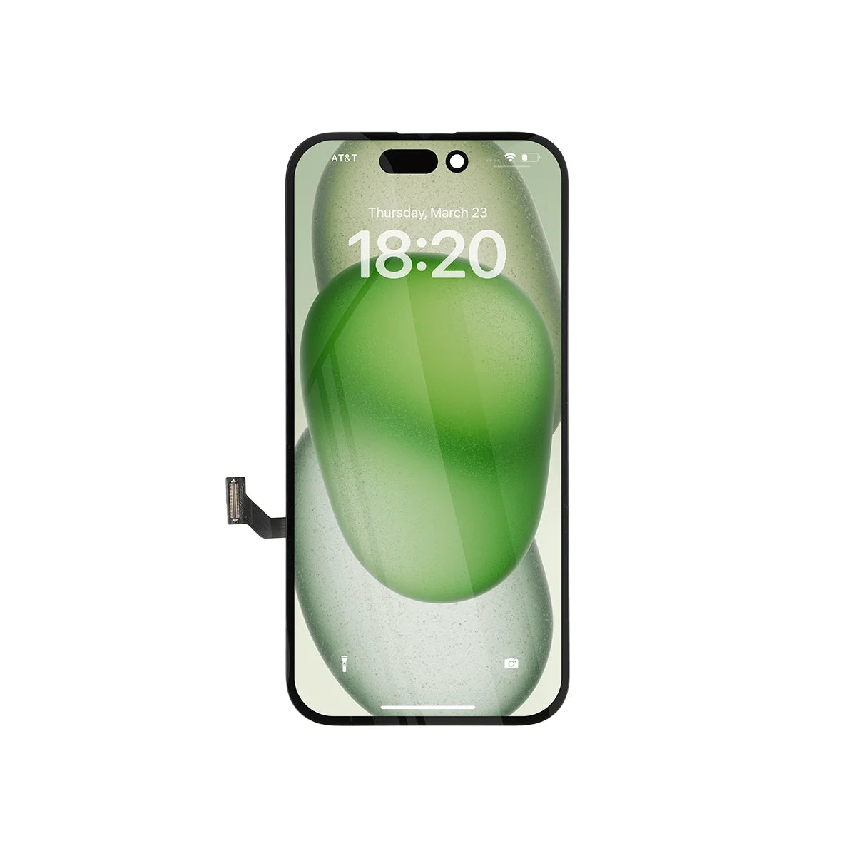Schermo OLED ultra morbido dell'iPhone 15 su sfondo bianco