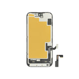 Assemblaggio dello schermo OLED ultra morbido dell'iPhone 15 su sfondo bianco.
