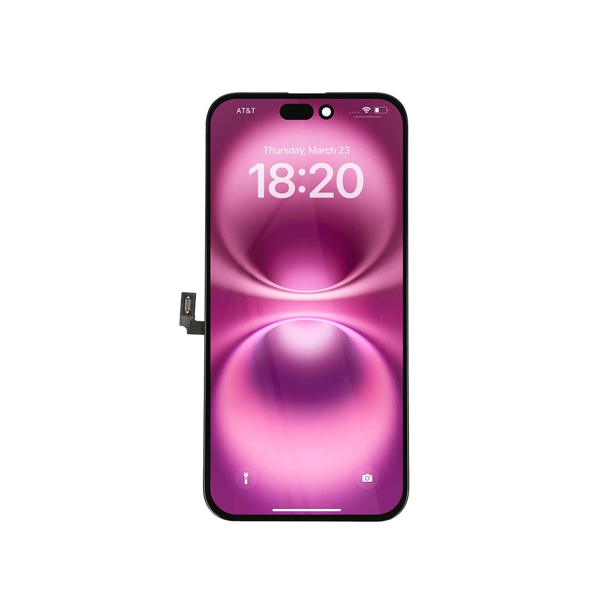 Smartphone mit pink-lila Display auf weißem Hintergrund