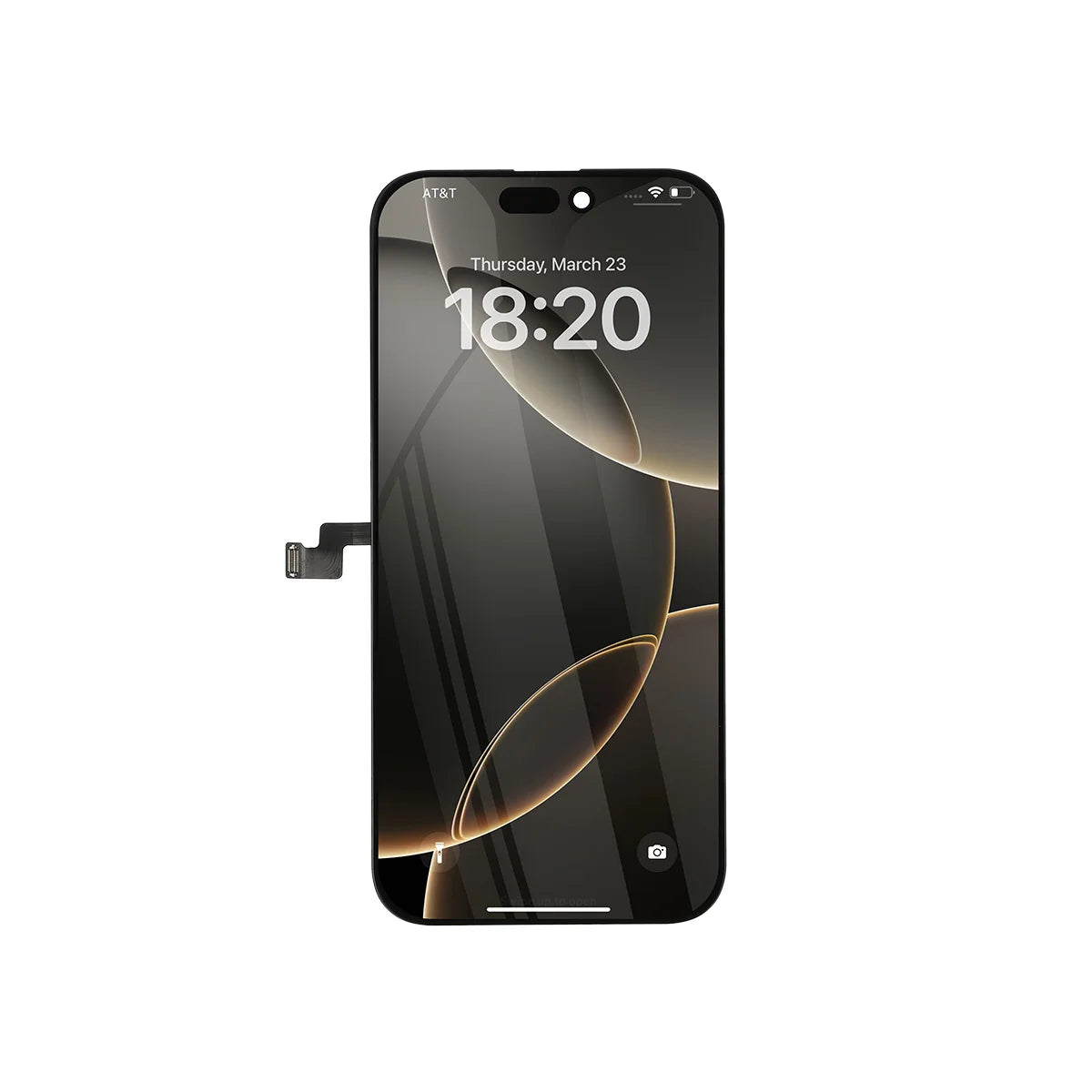 Sostituzione dello schermo di un iPhone 16 Pro Max con cavo flessibile su sfondo bianco
