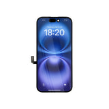 Ripartizione dello schermo OLED ultra morbido dell'iPhone 16 su sfondo bianco