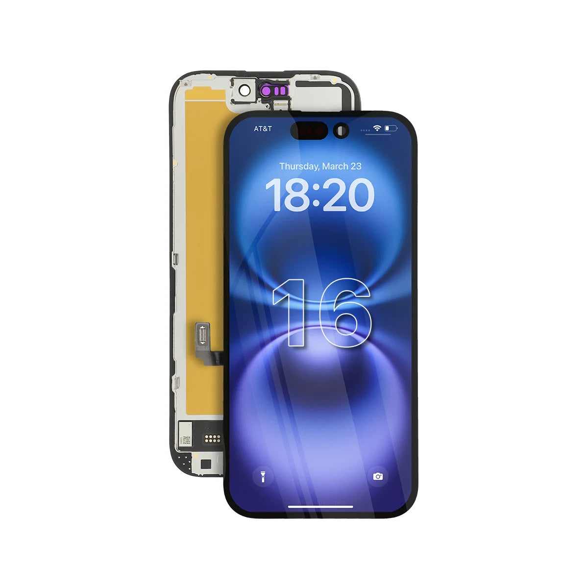 Assemblaggio schermo OLED ultra morbido per iPhone 16 su sfondo bianco