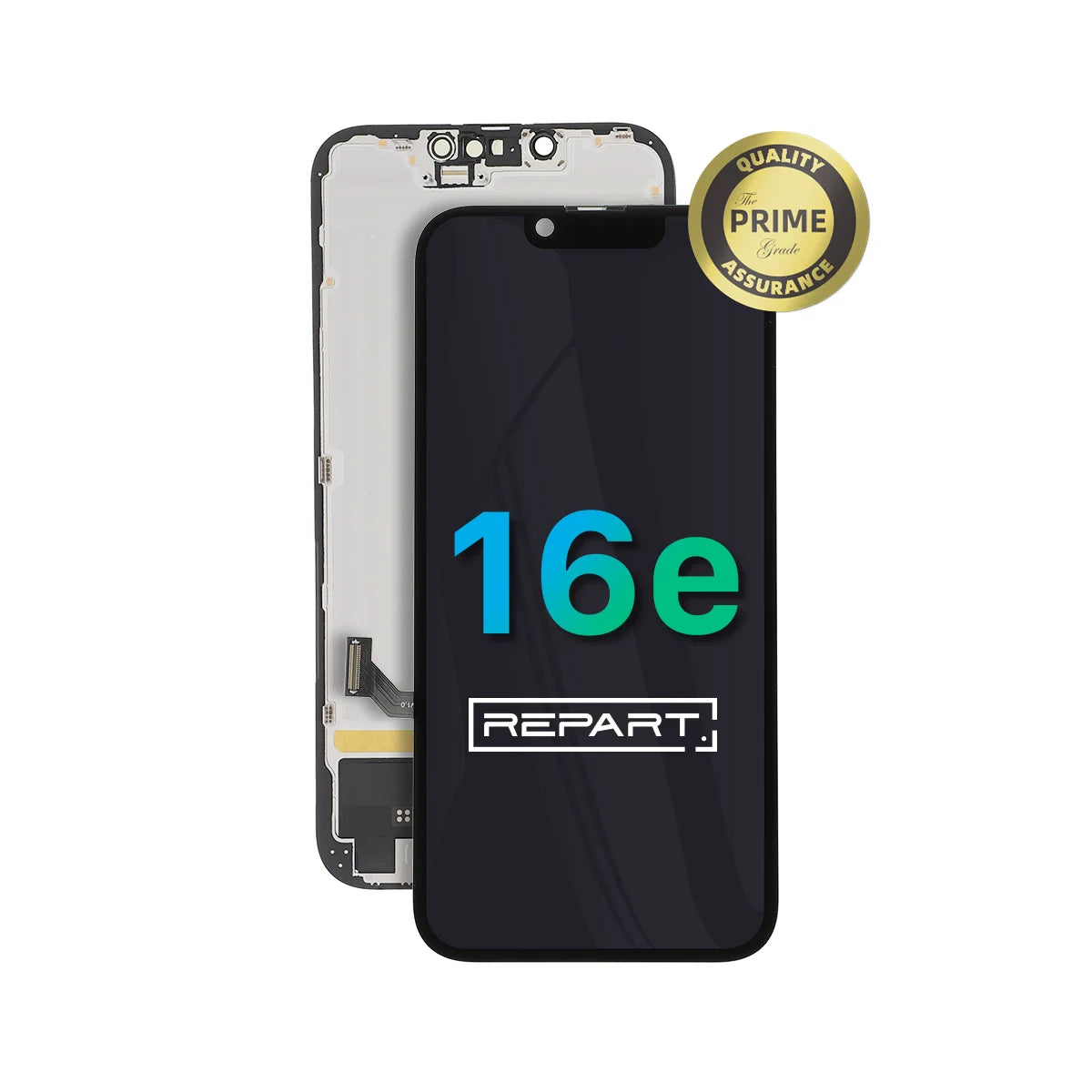 Telefoonscherm met '16e' op het scherm en 'REPART'-merk, voorzien van een gouden kwaliteitskeurmerk.