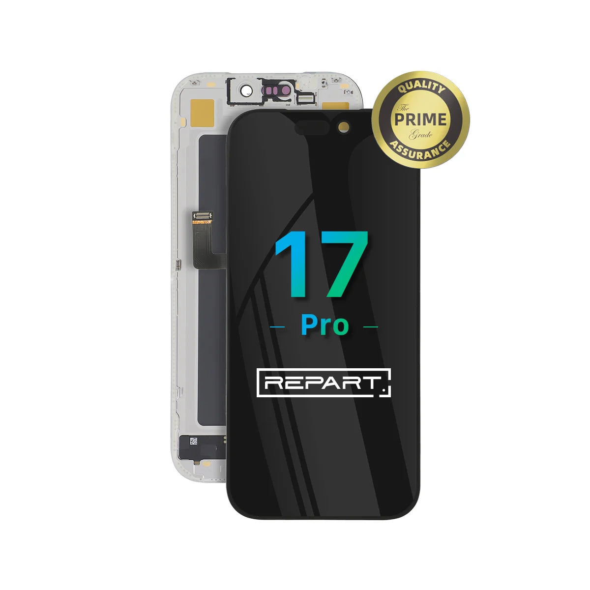 Pantalla de teléfono con la marca 'REPART' y el distintivo de garantía de calidad 'Prime Grade' sobre fondo blanco.