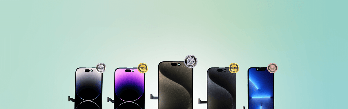 Row of smartphones with colorful displays on a gradient background