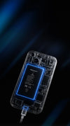 Transparent electronic device with blue glowing interior on a dark background
