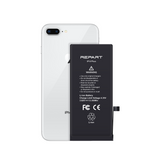 iPhone 8 Plus Akkutausch durch REPART, Abbildung des Akkus und seiner Verpackung mit Sicherheitshinweisen und technischen Daten.