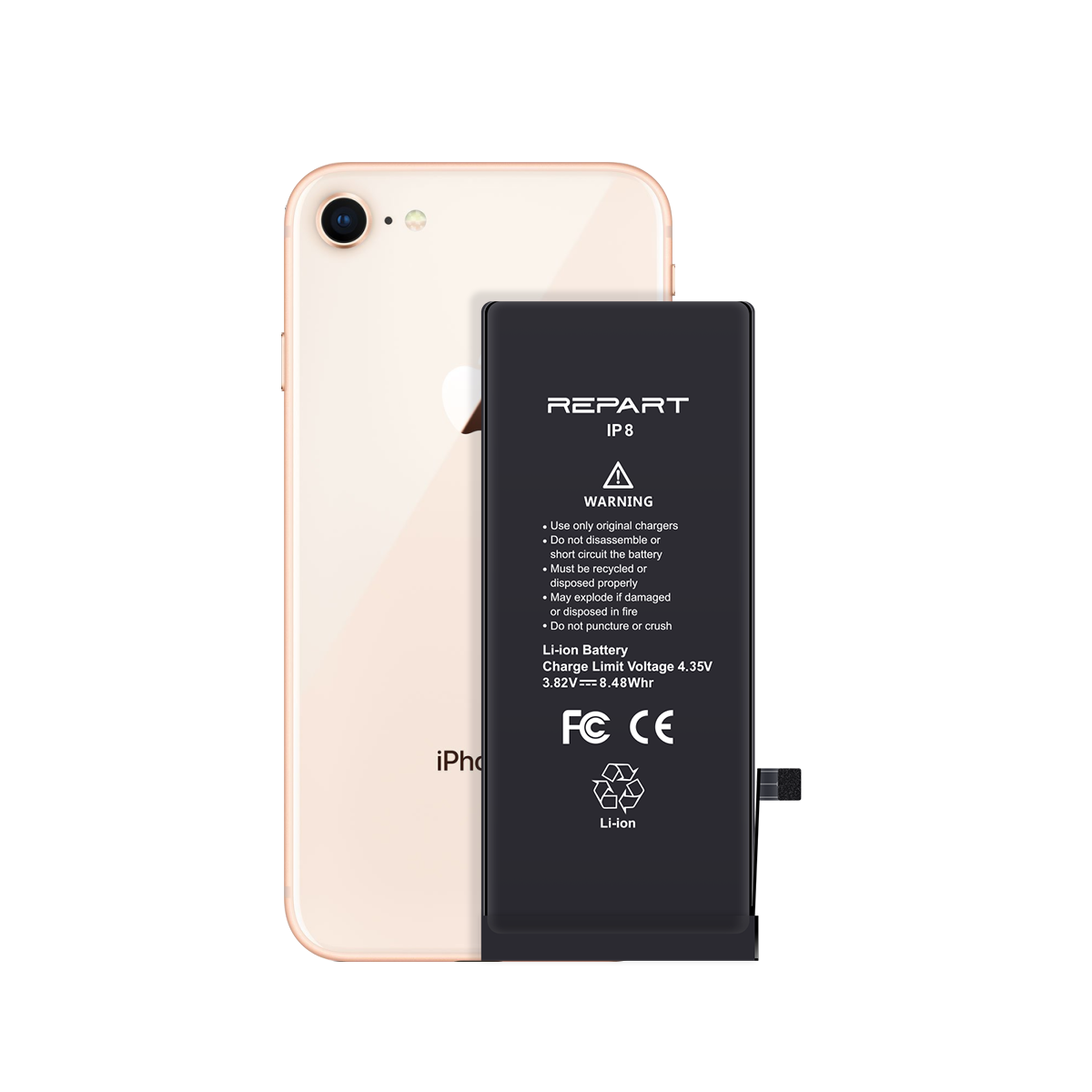 iPhone 8 Akku, hauptsächlich schwarz, mit technischen Daten und REPART-Branding