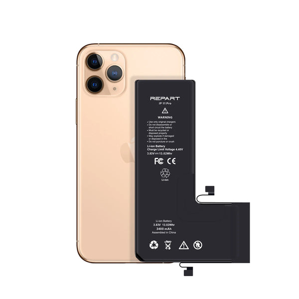 Gold color iphone 11 pro with a black battery replacement on a white background